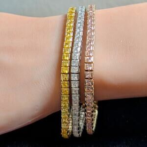 PJM 925 Sterling Pink Yellow Clear Princess Cut Three Strand Tennis Bracelet